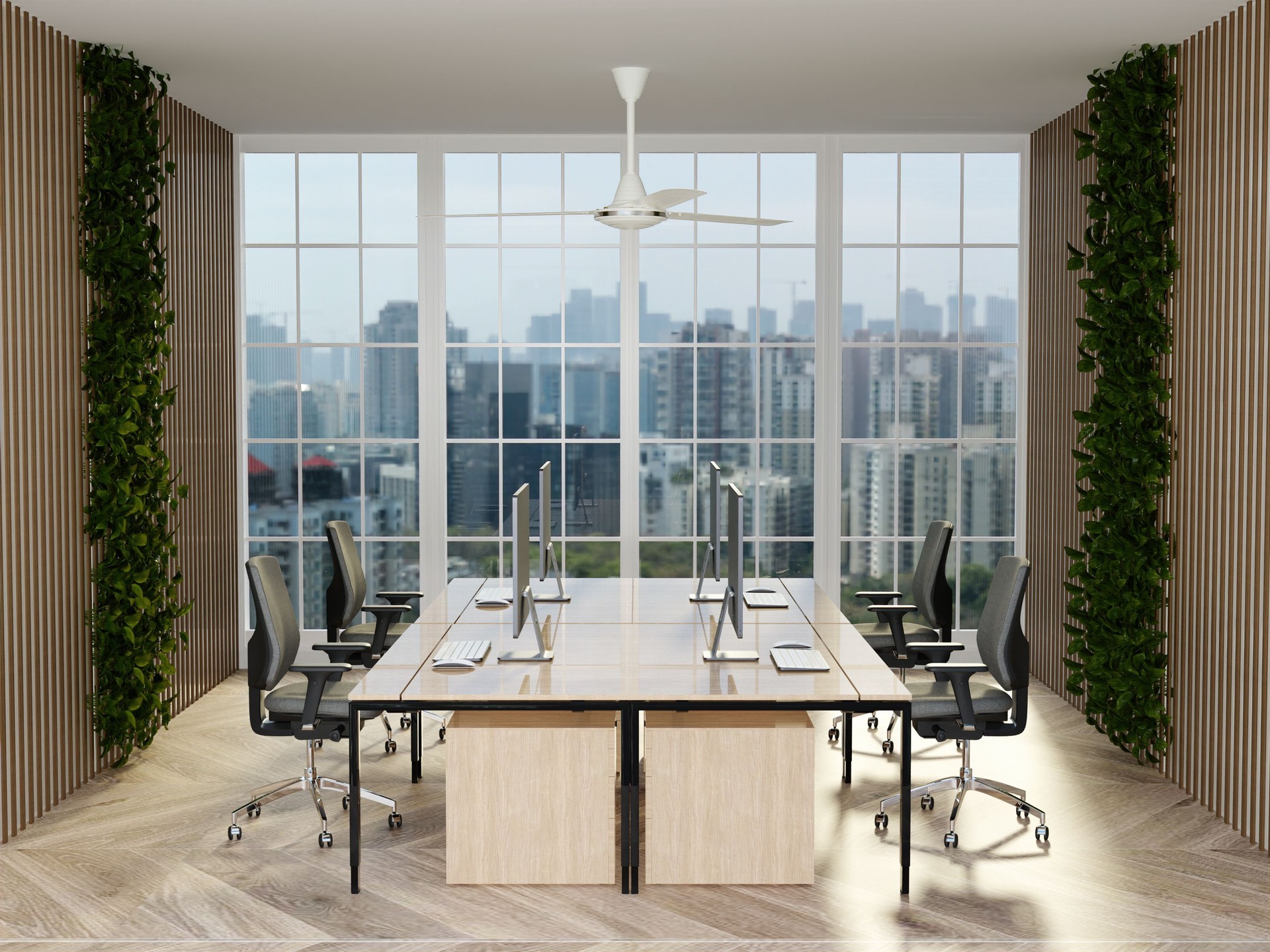 Sustainable office space layout with greenery for improved work environment. 3D render illustration