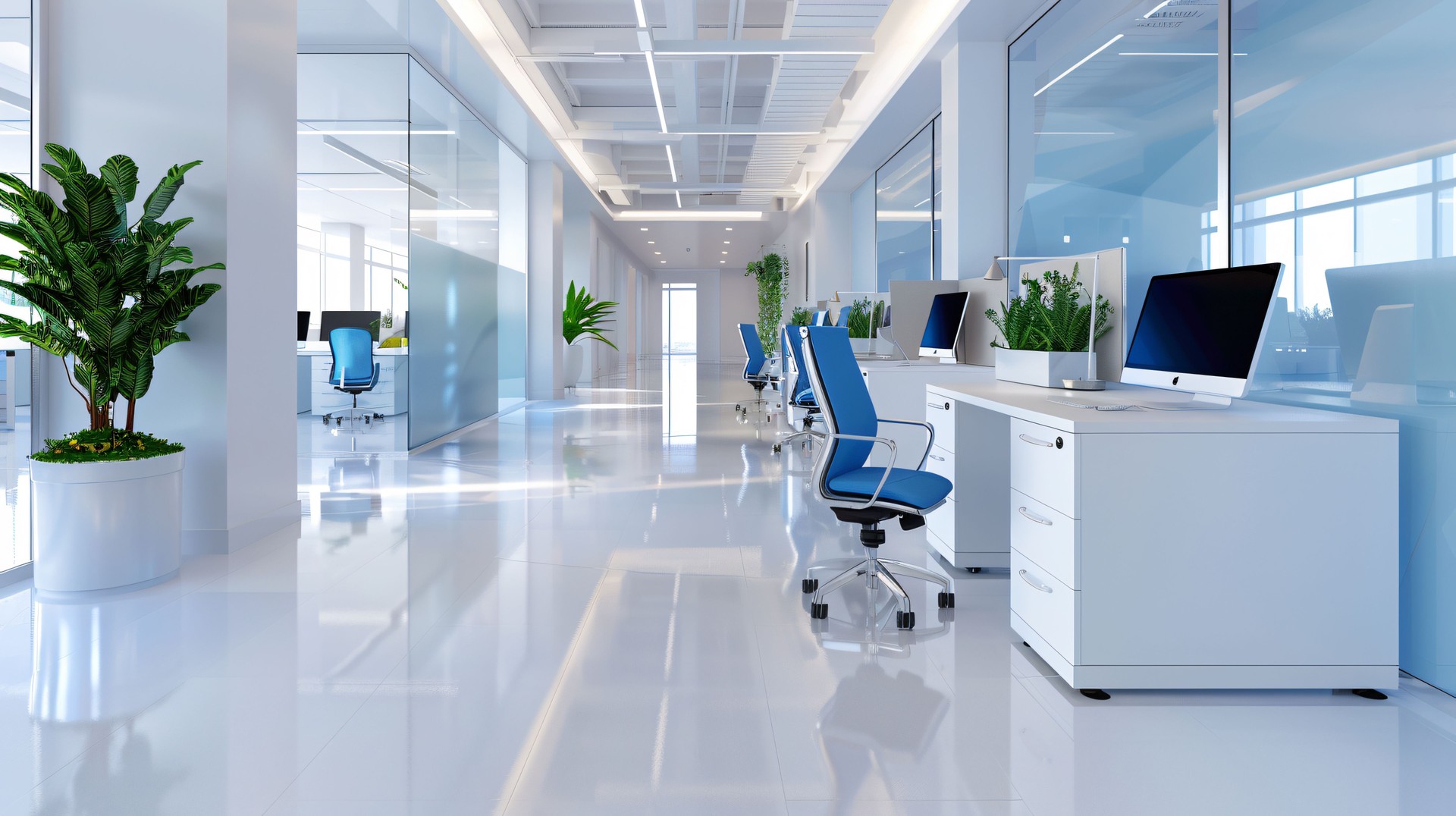 Modern Office Interior with Bright Hallway and Glass Walls
